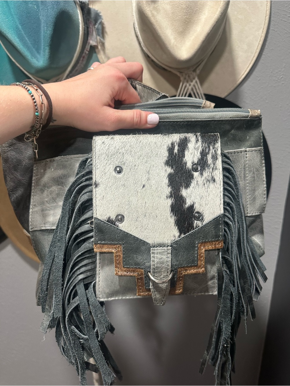 Fringed Cowhide Accent Crossbody Bag in Gray and White